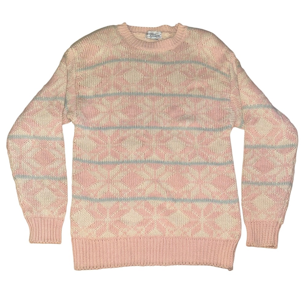 Vintage Womens Fair isle Pink Blue White Striped Knit‎ Sweater Size M